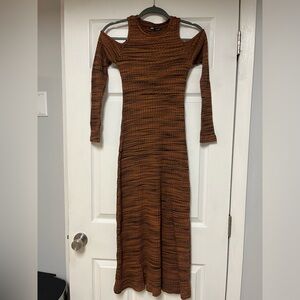 Zara Ribbed Cut Out Cold Shoulder Dress Brown Size S